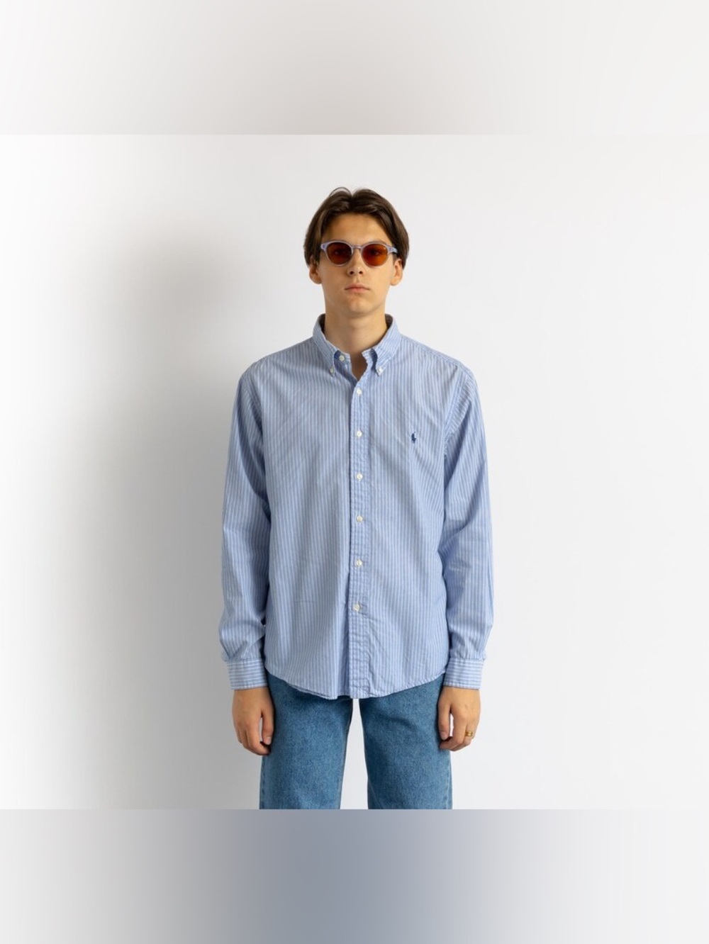 Polo Ralph Blue Cotton Striped Stretch Poplin Button-Down Shirt - Size Large - Picture 9 of 11